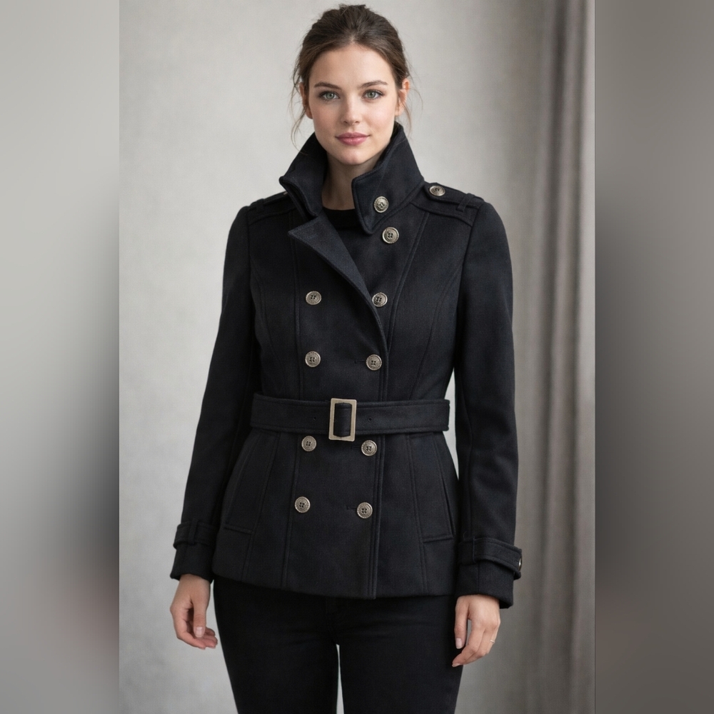 Black Rivet Double Breasted Belted Pea Coat
